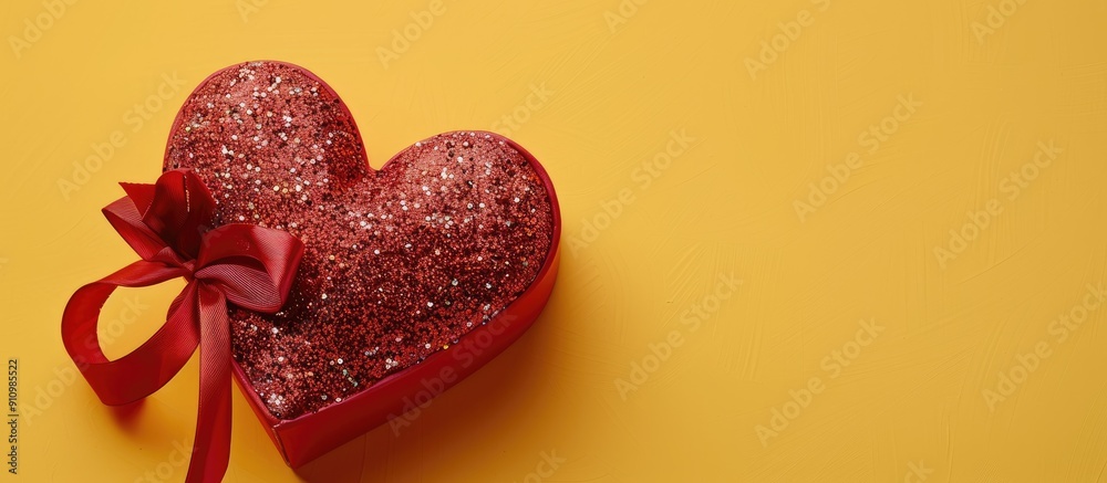 Poster Heart shaped red gift box adorned with a sparkling ribbon on a yellow backdrop perfect for a copy space image