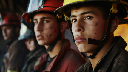 A group of serious young firefighters geared up, ready to face their next challenge, displaying determination and bravery.
