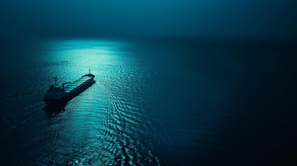 A solitary ship sails under the moonlit sky, creating a dreamy and calm ambiance over the serene ocean, the water shimmering brilliantly under the moonlight.