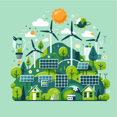 Renewable, green energy and save energy web banner. Ecology, Sustainable clean industrial factory, renewable energy sources and green electricity concept icons. Environment doodle flate design vector