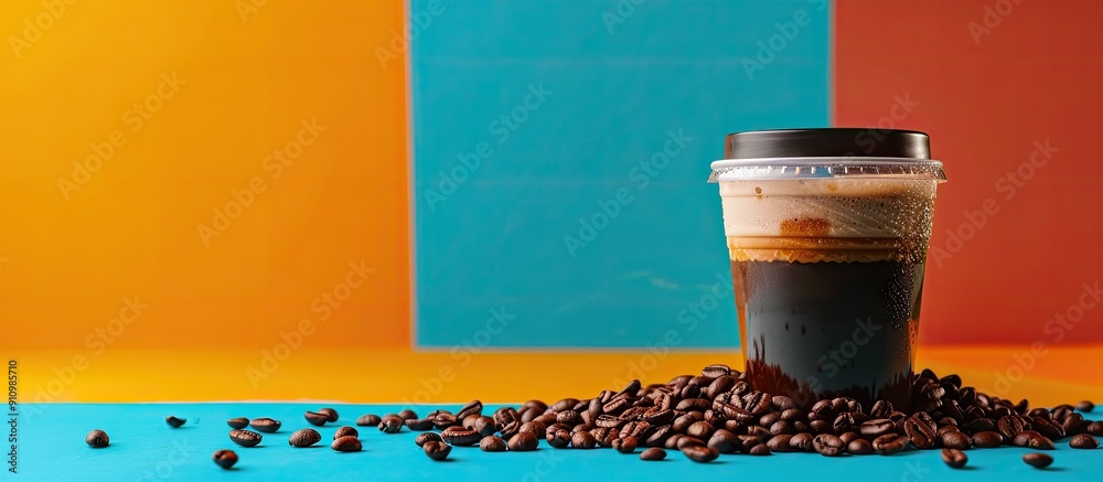Poster delicious coffee in a plastic cup with beans on a colorful backdrop surrounded by copy space image