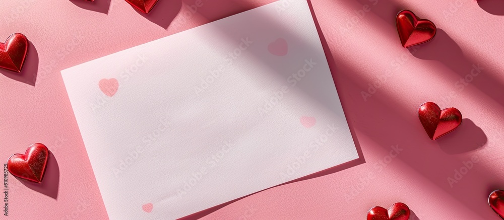 Fototapete A blank sheet of paper on a pink surface with Valentine hearts casting shadows a perfect template for your greeting card design Top view with a mock up and copy space image available