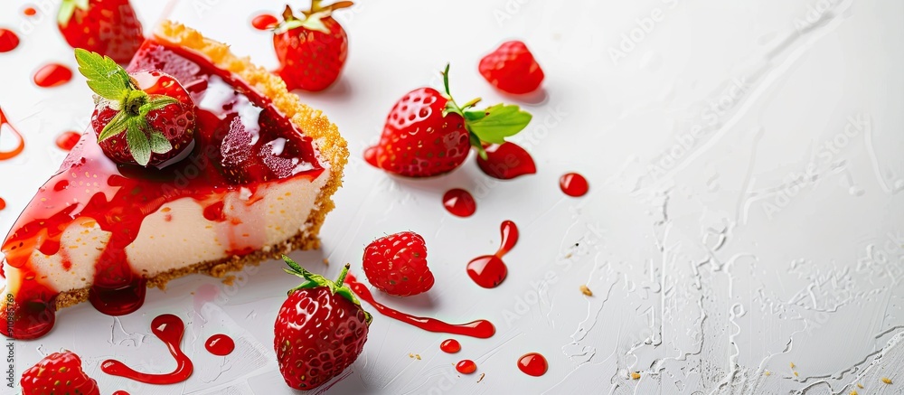 Poster new york cheesecake topped with delicious strawberry sauce against a white background with ample cop