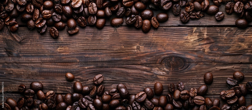 Poster Coffee beans roasted and displayed on a rustic wooden backdrop creating a coffee themed composition in a view from above with space for text or an image. copy space available