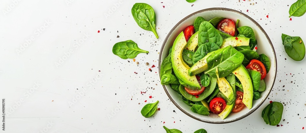 Poster a vegan healthy avocado and spinach salad is set against a white background with ample copy space im