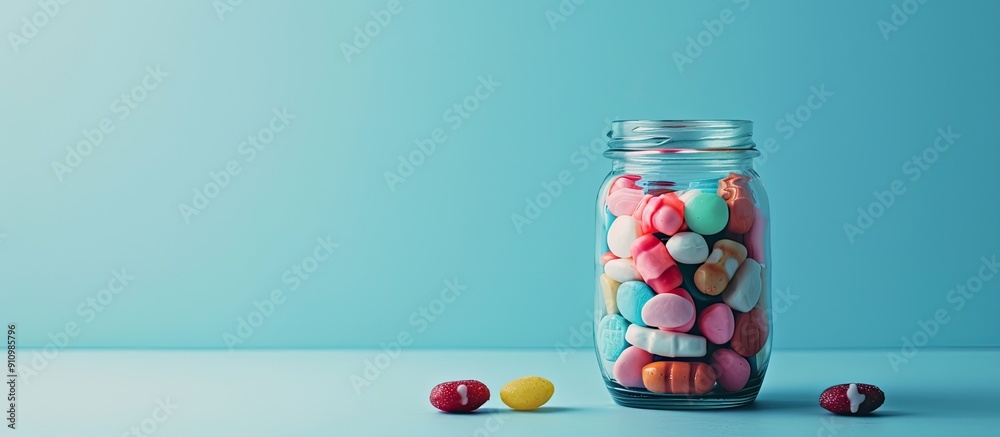 Aufkleber light blue background with a jar of chewing gums providing a copy space image