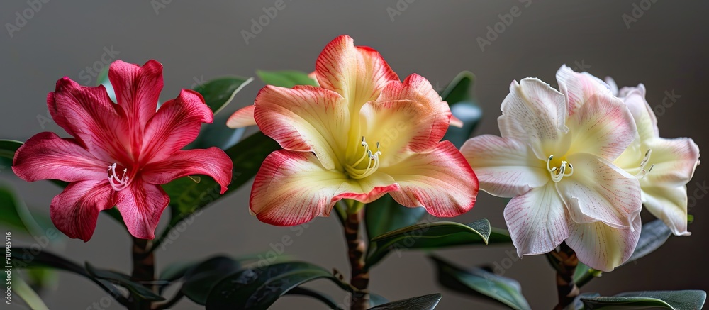 Poster these three flowers are known as desert rose impala lily and mock azalea can be seen in a nature set