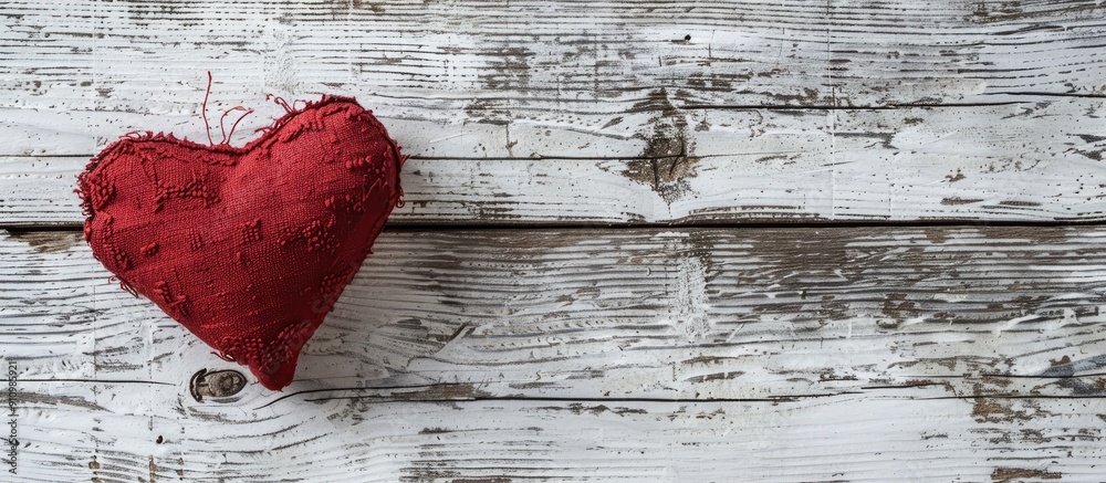 Poster a red heart shaped cushion close up on weathered white wood with copy space image for valentine s ba
