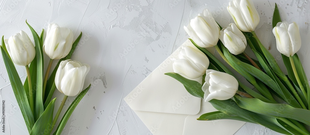 Aufkleber a wedding invitation or love letter with white tulips displayed alongside an envelope and a fresh bo