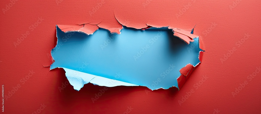 Aufkleber a hole in light blue paper with a red background serves as a striking copy space image