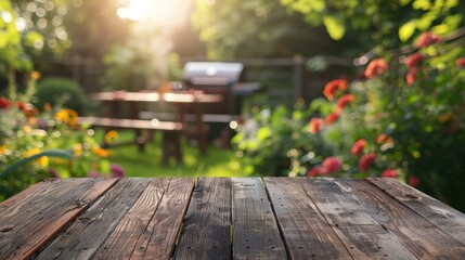Fototapeta premium A rustic wooden table and garden