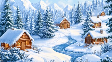 Fototapeta premium Wooden cabins with glowing windows nestle among snow-covered pine trees along a peaceful creek in a serene winter landscape
