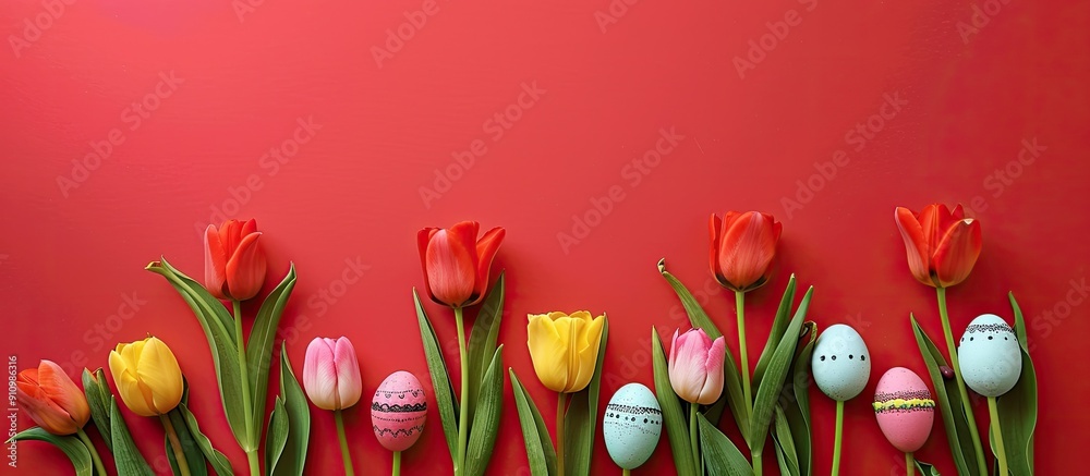 Sticker A row of tulips with Easter eggs against a red backdrop makes a festive copy space image