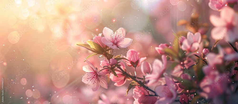Poster a lovely spring atmosphere with a flowering tree showcasing pink blossoms ideal for a picturesque sp