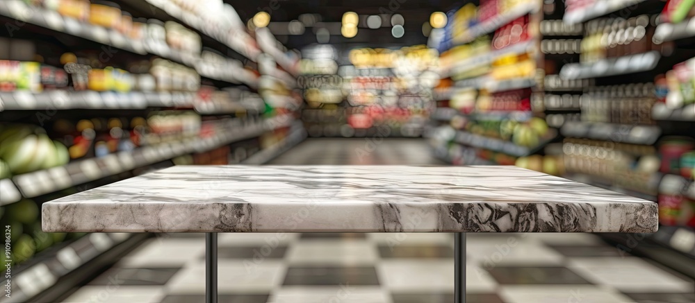 Poster Marble top table displayed in a supermarket setting with blur background ideal for adding text or images to the copy space image
