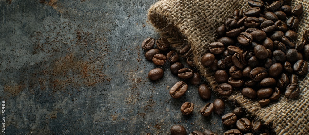 Poster Close up flat lay of coffee beans resting on a rustic jute sack with ample copy space in the image