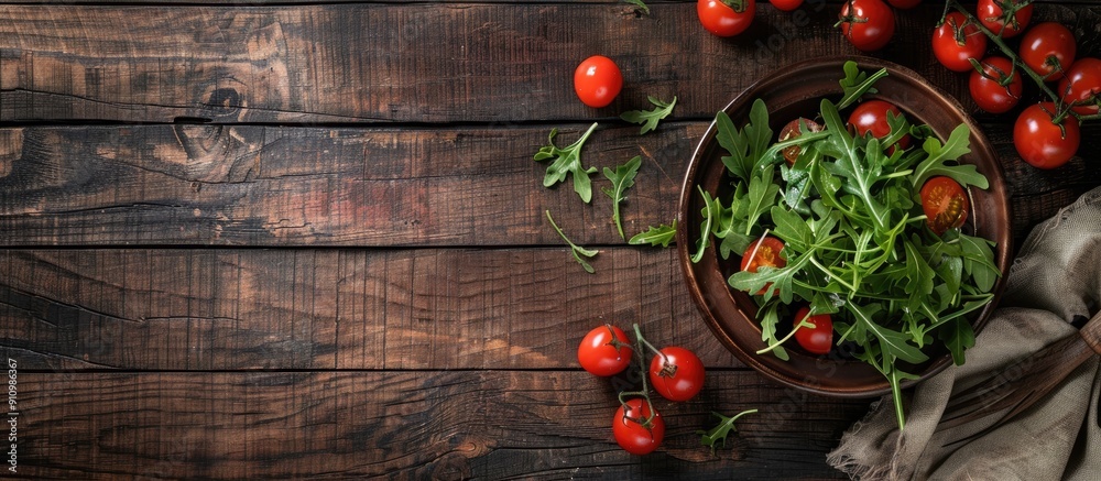 Poster wooden table with salad featuring arugula and cherry tomatoes with copy space image