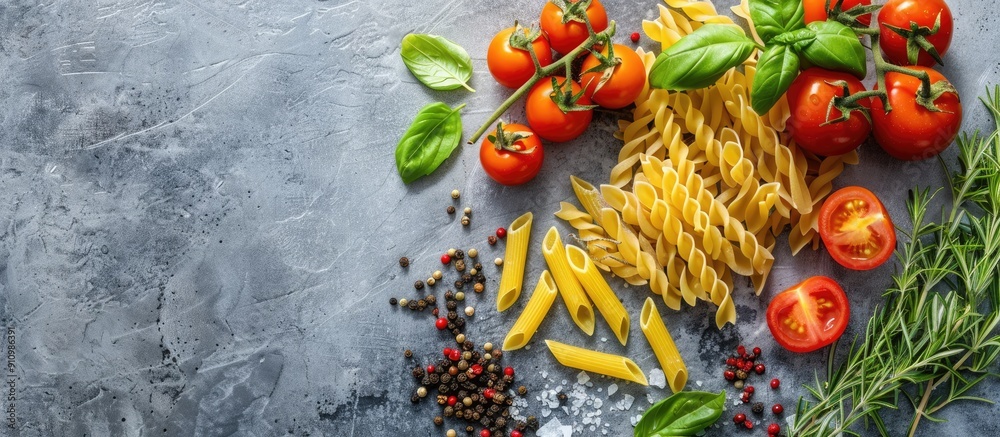 Poster dry pasta and ingredients including tomatoes basil pepper and rosemary arranged on a gray stone surf