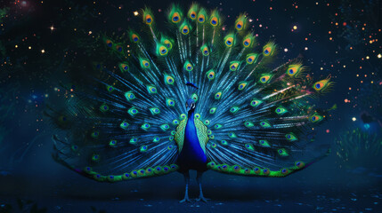 A majestic peacock flaunting its vibrant fanned feathers with sparkles against a starry midnight background.