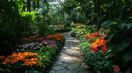 A tranquil botanical garden with a variety of colorful flowers and lush greenery 