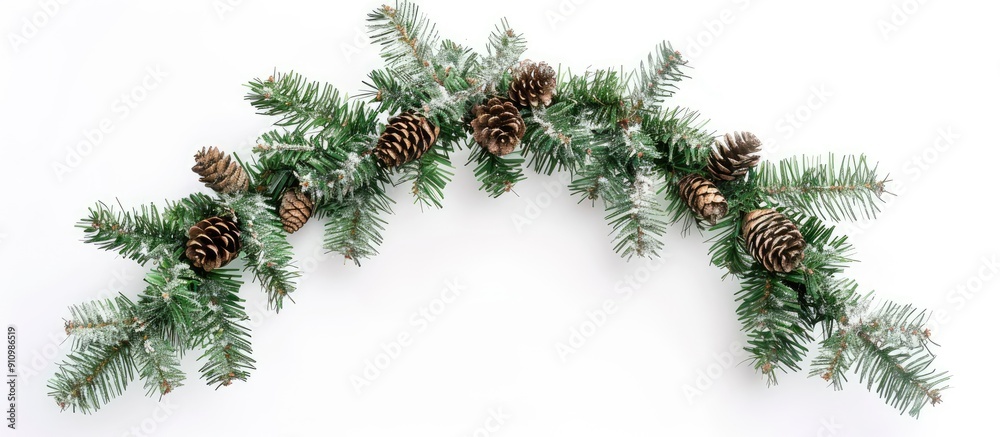 Fototapete Christmas themed border on white background featuring an expansive arch shape created from fresh fir branches and cones perfect for adding copy space image
