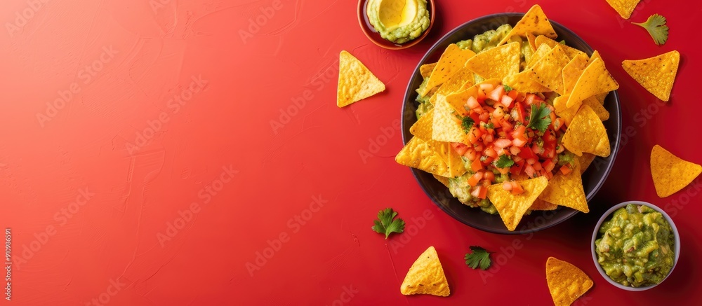 Poster Plate with delicious nachos and guacamole on a colorful background with empty space for text or other elements in the image. copy space available