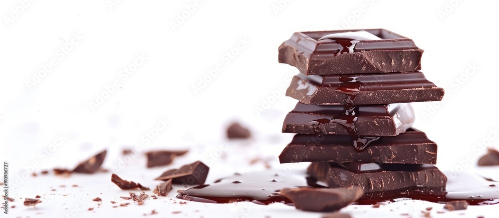 Poster dark chocolate pieces stacked with chocolate syrup on a white background ideal for showcasing with c