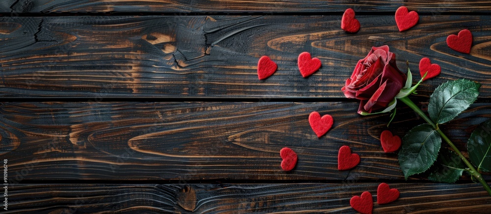 Leinwandbilder view from above showing a red rose and heart decorations for valentine s day on a wooden surface wit