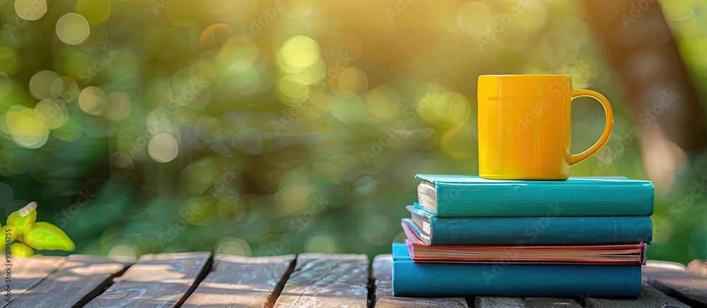 Aufkleber colorful books and a cup placed on a wooden table against a blurred natural backdrop ideal for back 