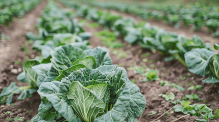 Naklejka premium Vibrant rows of leafy green plants growing in a well-maintained garden bed, showcasing healthy agricultural produce.