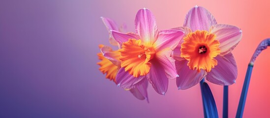 Daffodil flowers with a purple copy space image