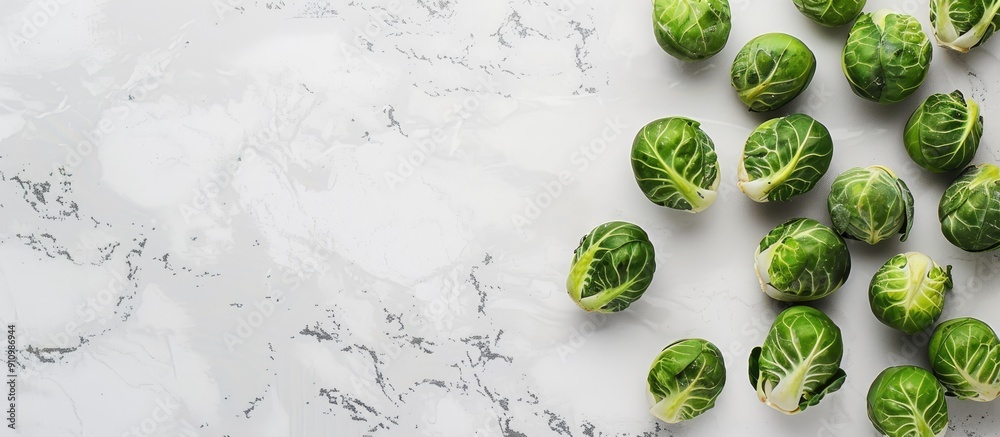 Aufkleber flat lay of brussels sprouts on a white marble surface with space for text in the image. copy space 