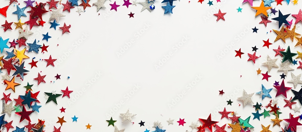 Poster festive holiday layout with a colorful circular wreath of stars on a white backdrop perfect for a gr