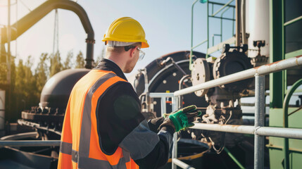 Fototapeta premium A construction worker checks equipment at an industrial site, wearing safety gear, illustrating diligence and precision in engineering tasks.