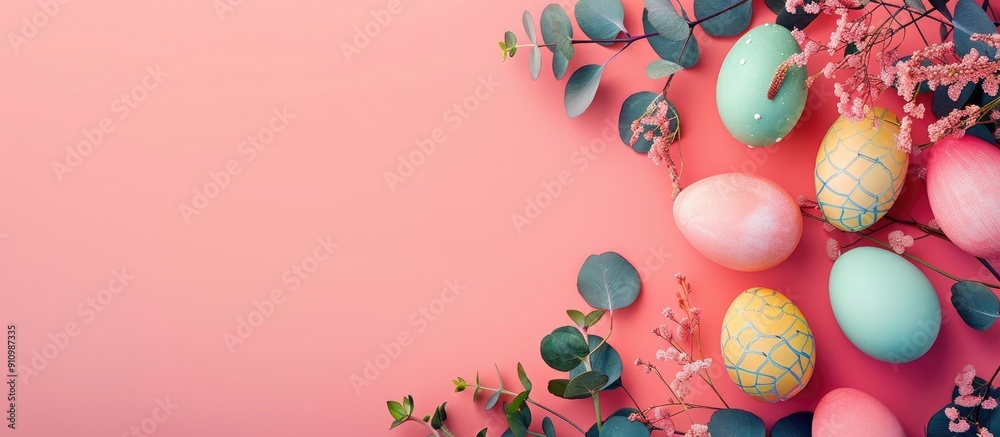 Aufkleber Easter themed arrangement with colorful eggs and eucalyptus branches on a bright backdrop ideal for copy space image