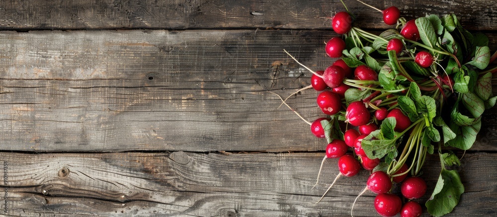 Aufkleber Top down view of a radish bunch displayed on a wooden surface with ample copy space for additional elements in the image