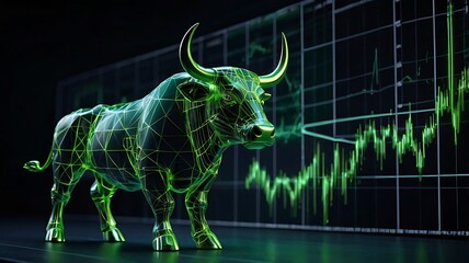 Stock market illustration of bull market, growth in net worth of market in a bullish asset market, trading up worth graph, green bull on green and blue background