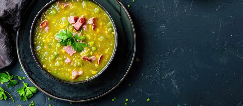 Bowl of split pea ham soup from above with designated copy space image