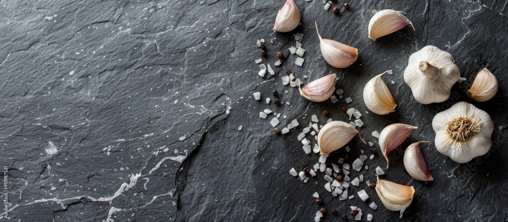 Poster a health conscious meal displayed on a stone or slate surface featuring garlic cloves and a bulb sho