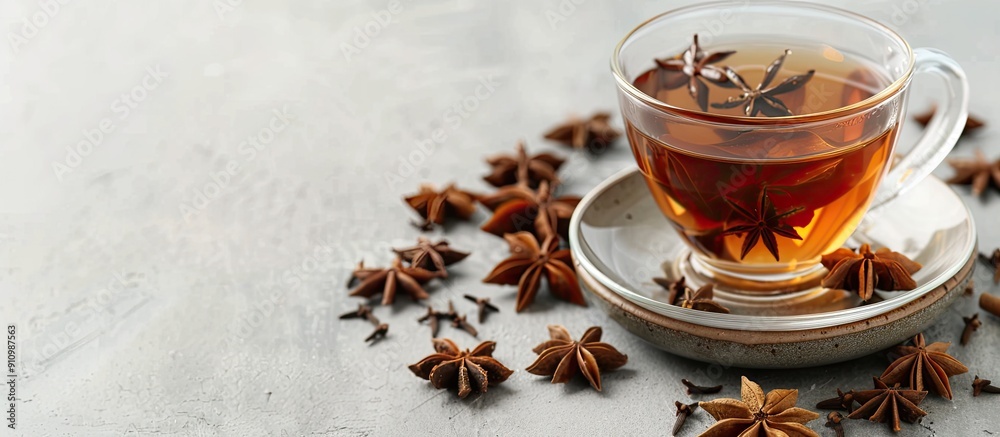 Poster anise stars adorn a fragrant tea on a light grey tabletop with copy space image available