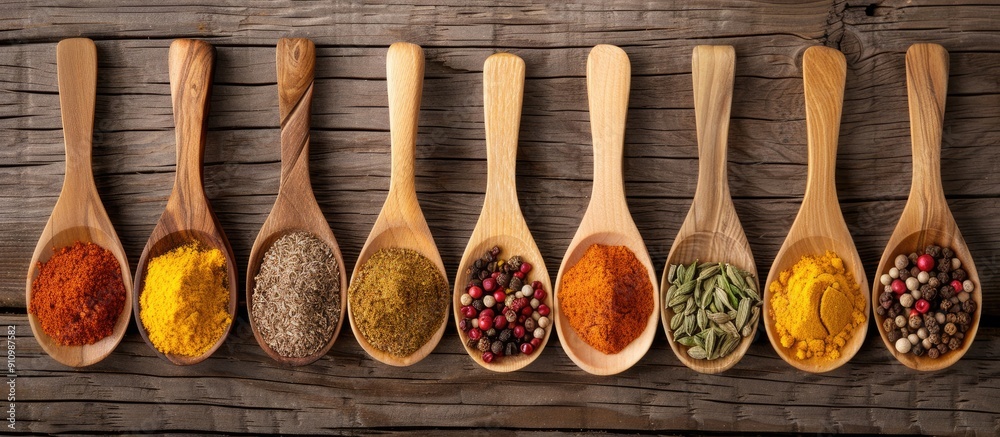 Poster An array of spices displayed on wooden spoons in a copy space image showcasing diverse food ingredients
