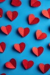 Red Paper Hearts on Blue Surface