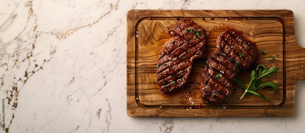 Poster top down view of a wooden board showcasing a spiced and herbed grilled beef steak ideal for a copy s