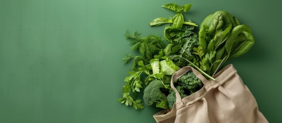 Eco friendly fabric bag filled with vegetables on green backdrop with copy space image promoting zero waste lifestyle with reusable shopping bag concept