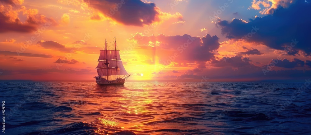 Poster Sunset over the ocean featuring a ship ideal for use as a copy space image