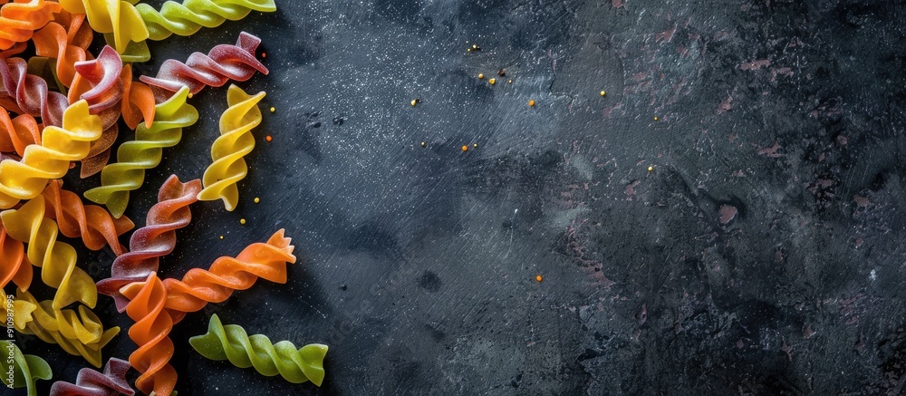 Poster Colorful pasta on a dark surface seen from above with space for adding text or other elements in the picture. copy space available