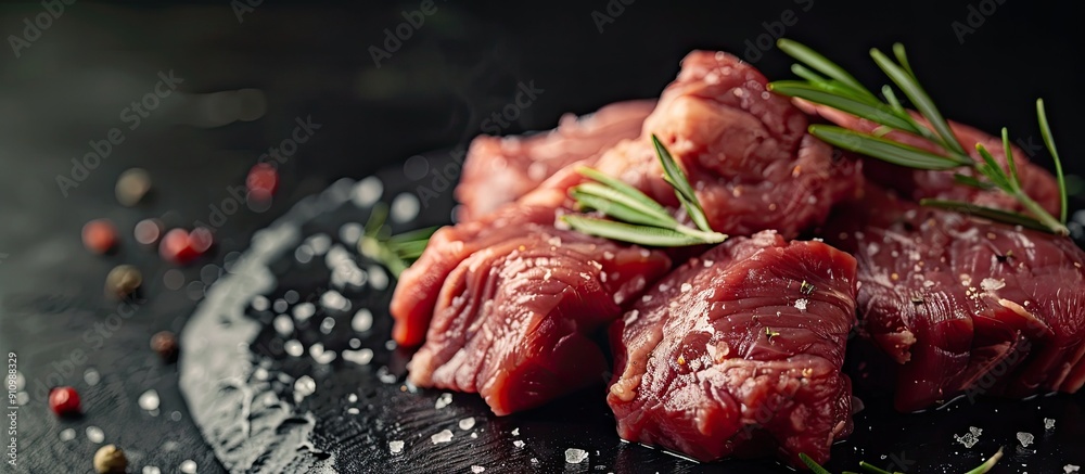 Poster close up shot of raw meat on a black backdrop with copy space image