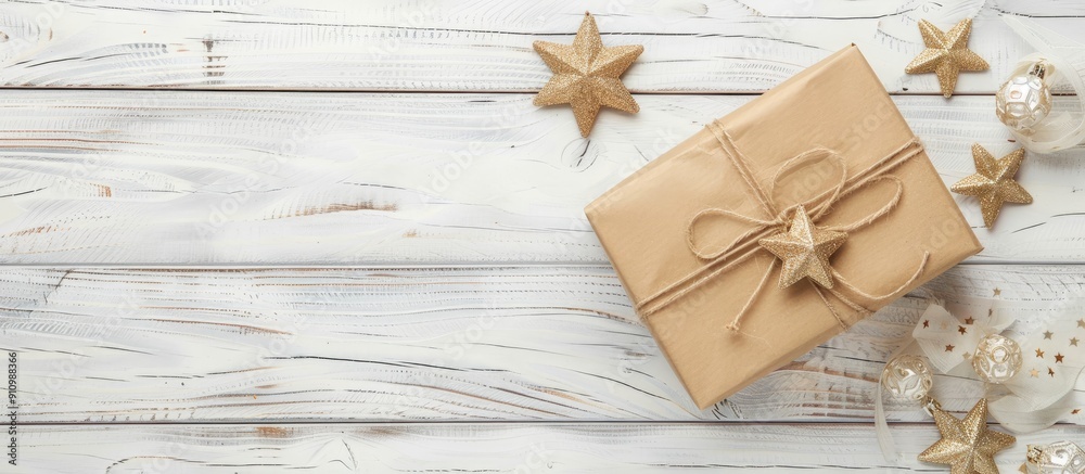 Poster gift box with star shaped decorations on a white wooden table background with ample copy space image
