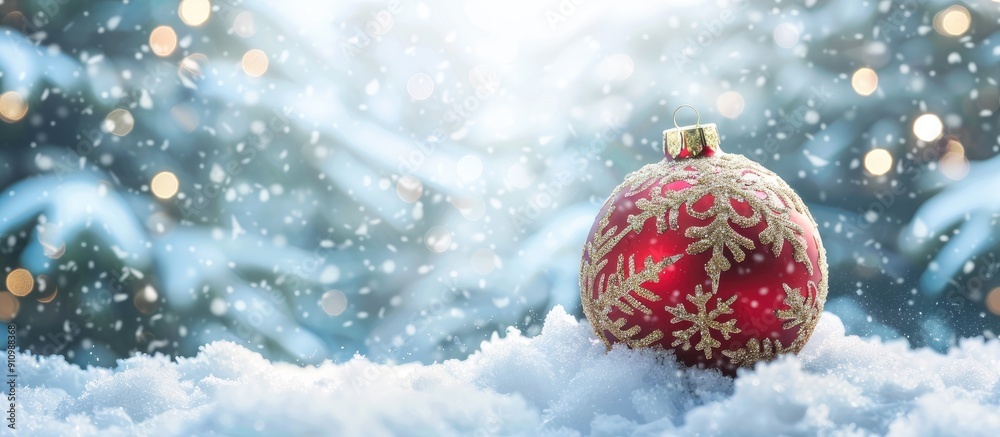 Poster An ornamented Christmas tree bauble in the snow with a blank space for adding an image. copy space available