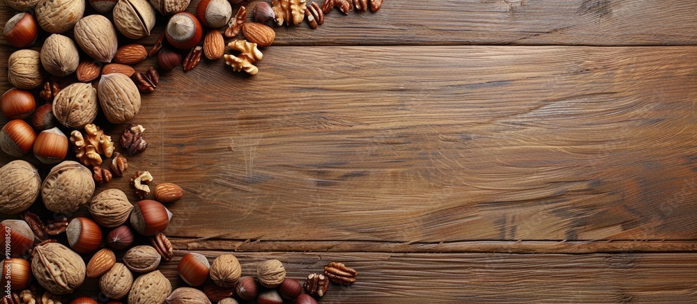 Poster Assorted nuts like hazelnuts and walnuts scattered on a wooden surface seen from the top with plenty of copy space image